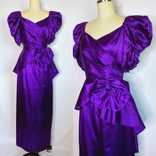Vintage 80s Purple Ruffle Prom Dress Size S Small Puff Sleeves Peplum Long Gown