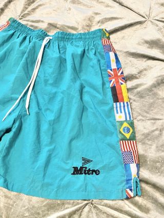 Vintage Mitre Adult Size Medium World Cup Flag Nylon Soccer Shorts Aqua 90s M 2