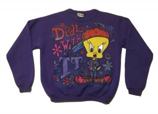 Vintage 1996 Looney Tunes Tweety Sweatshirt M Deal With It 90s Hip Hop Rap Tees