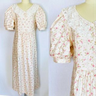 Vintage Y2k Laura Ashley Floral Prairie Dress Sz L Large Lace Collar Cottagecore