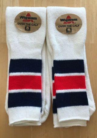 2 Pairs Vintage Wigwam Red/navy 60 Over The Calf Tube Socks Size 9 - 15