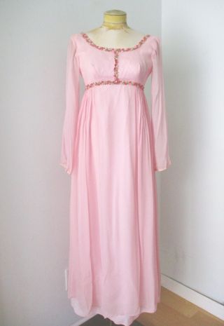 Vtg 60s 70s Pink Chiffon Princess Bridesmaid Dress Empire Gown Floral Ribbon Xs
