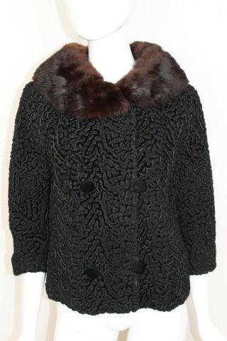 Vintage Black Curly Persian Lamb Jacket Coat Brown Mink Collar Fur - Size Small
