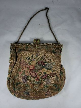 Antique Victorian Vintage Floral Embroidered Needlepoint Purse Enamel Clasp