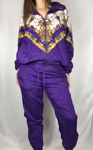 Vintage 80s Tracksuit Womens Size M Medium Jacket Pants Set Nylon Purple 1980s