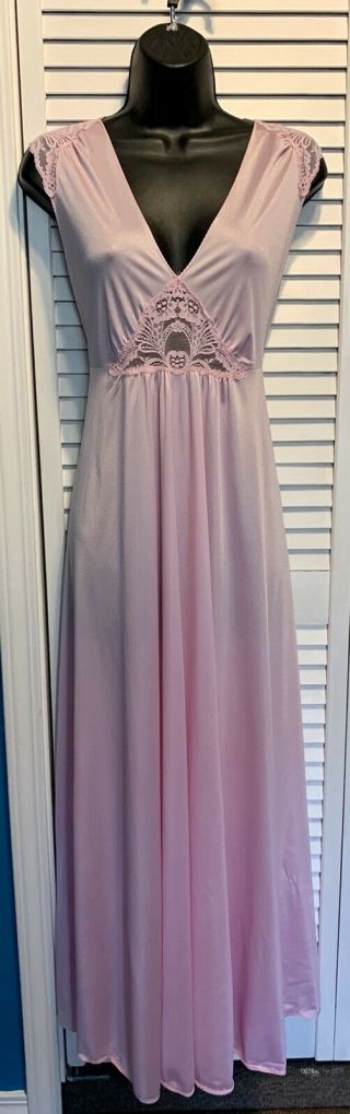 Van Raalte Vintage Long Nightgown Pink Nylon Lace Lingerie Size M