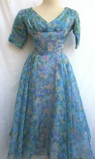 Vtg 50s.  Floral.  Tulle.  Prom / Party.  Fit & Flare.  Dress.  Xs / S