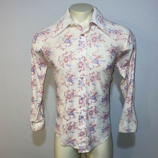 Vtg 60s 70s All Over Print Disco Shirt Hippie Woodstock Acrylic Pink Mens Large