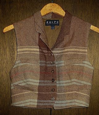Vintage 90s Ralph Lauren Brown Plaid Wool Button Cropped Vest Top Women 