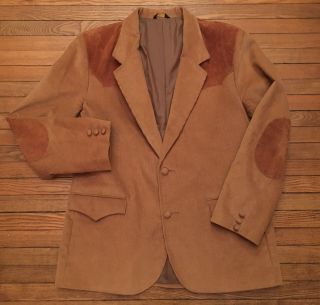 Vtg 70s Mens Pioneer Wear Western Sport Coat Blazer Corduroy & Leather 46r Usa