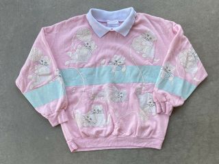 Vtg 80s 90s Spumoni Puffy Paint Sweatshirt Cats Kitties Kittens Pink Size Small