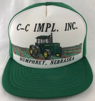 Vtg Cc Implement Snapback Trucker Hat Cap Green John Deere Tractor Humphrey Nebr
