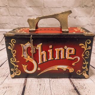Vtg Shoe Shine Box Wood & Metal 5 Cent Shine Circus Theme Lettering Worn Read