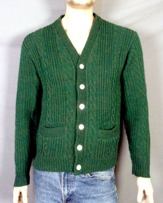 Vtg 50s 60s Rockabilly Orlon Green/gold Cable Knit Cardigan Sweater Pockets M/l