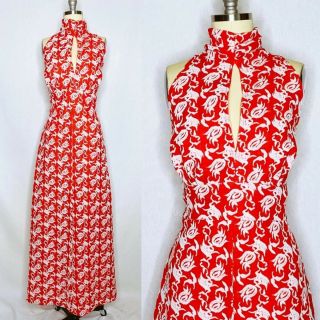 Vintage 70s Red Floral Hostess Maxi Dress Size M Medium High Neck Peek A Boo