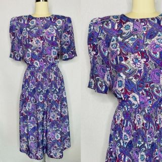 Vintage 80s Purple Floral Drop Waist Dress Size L Large Cottagecore Geek Academi