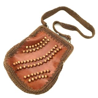 Roger Van S Vintage Leather Beaded Woven Purse Handbag