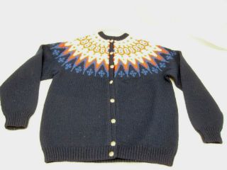 Vintage Saga Hand Knit Norwegian Wool Cardigan Sweater Fair Isle Flower Buttons