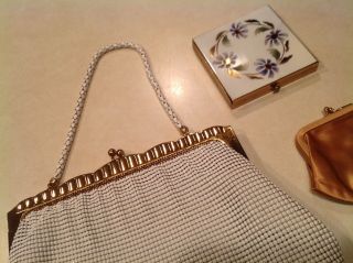 1940 ' s Whiting and Davis Co Mesh Bag silk lined w/mirror,  coin purse & compact 2