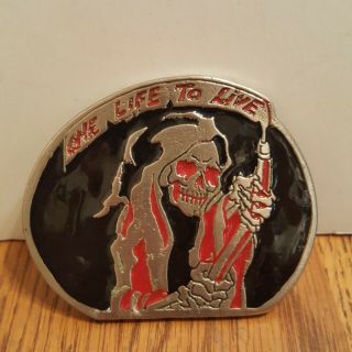 Vintage Instyle Belt Buckle 1979 - Grim Reaper Scythe Biker Black Red Enamel