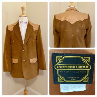 Vtg 70s Mens Pioneer Wear Western Sport Coat Blazer Corduroy & Leather 44r Usa