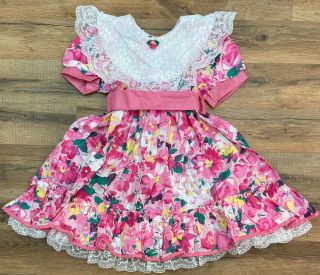 Vintage Jo Lene Pink Floral Ruffle Poof Dress Lace Collar Toddler Girl’s Size 4t
