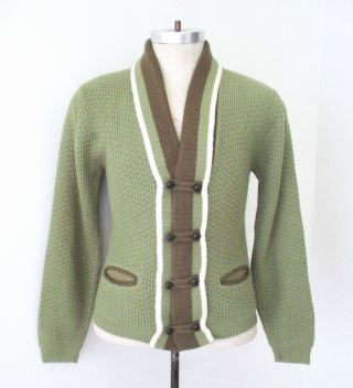 Vtg 50s 60s Campus Rugby Green Stripe Button Loop Cardigan Pocket Sweater Xs