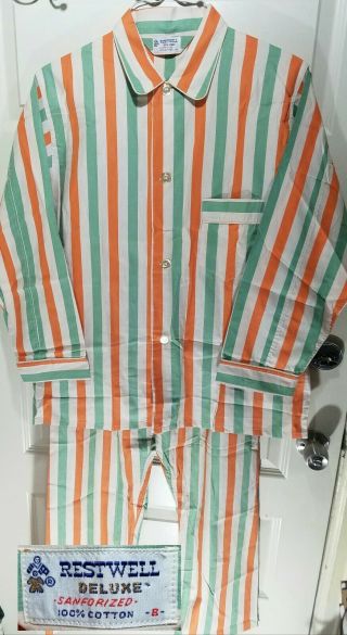 Nos Vintage 1950s 60s Mens Striped Sanforized Cotton Pajamas Set Pjs Lounge Wear