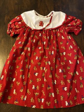 Vintage Sears Girls Dress Abc Peter Pan Collar Size 4t Red Teddy Bear Made Usa