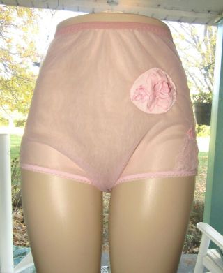 Vintage Pink Nylon Lace Granny Gusset Panties Double Chiffon Sheer 7 Lg Custom