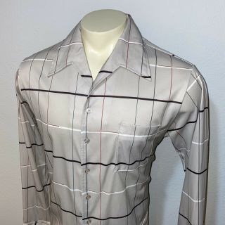 Vtg 60s 70s Joel Stretch Polyester Disco Shirt Retro Gray Plaid Print Mens Xl