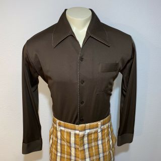 Vtg 60s 70s Joel California Disco Shirt Polyester Brown Mid Century Mod Mens Xl