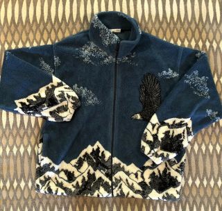 Vintage 90s All Over Print Fleece Zip Up Jacket Eagle Nature Graphic Outdoor
