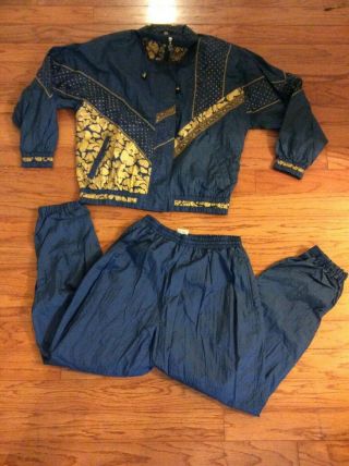 Vintage 1990s Active Stuff Windbreaker Navy Gold Track Suit Jacket Pants Set Pm