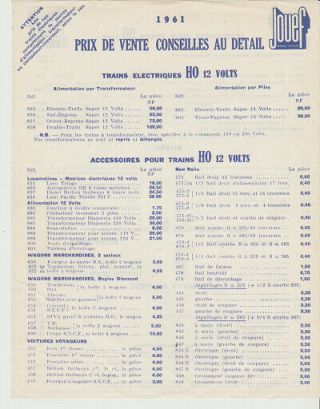 Fiche Prix De Vente Conseilles Au DÉtail 1961 Jouef
