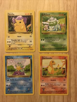 Pikachu,  Bulbasaur,  Squirtle And Charmander Pokemon Trading Cards,  Base Set 2