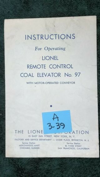 Lionel 97 Remote Control Coal Elevator Instructions