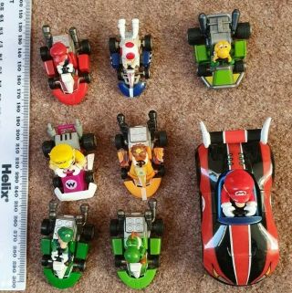 Set Of 7 Mario Kart Pull Back And Go Racers Figures 1.  5 " And One At 4 Inch