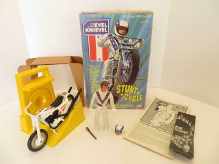 1973 Evel Knievel Stunt Cycle & Figure Set W/ Box Ideal (below)