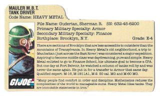 1985 Heavy Metal V.  1 File Card Peach Filecard Bio Gi/g.  I.  Joe Jtc