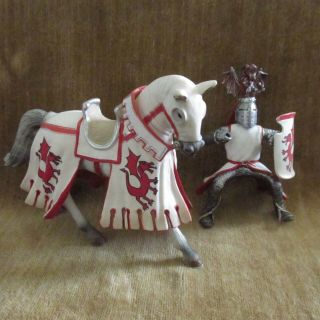 Vtg Schleich Medieval Fantasy Red Dragon Knight on White Horse,  No Lance 3