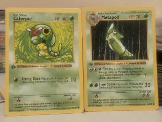 Caterpie & Metapod Near 1999 Pokemon 1st Edition Base Set Card - Psa Ready