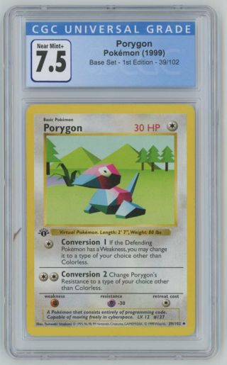 1999 Pokemon Base Set 1st Edition Shadowless 39 Porygon Cgc 7.  5 Near,