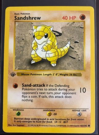 Pokemon Card Sandshrew 1st Edition Shadowless Base Set Card 62/102 - Near