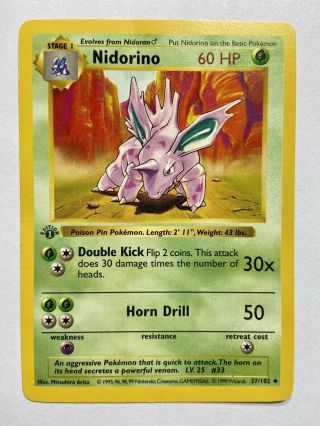 1999 Nidorino 37/102 Pokémon Tcg 1st Edition Shadowless Base Set
