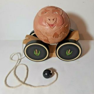 Vintage Briere Pig 1989 Carved Wood Wooden Pull Toy Ball Roly Poly Folk Art