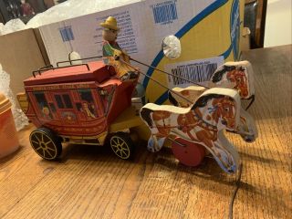 Vintage Fisher Price 175 Wood Pull Toy Gold Star Line Stagecoach W/mail 1954