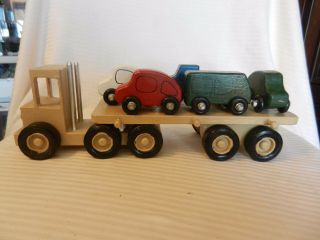 Vintage Hand Made Wooden Flat Bed Trailer Truck With 5 Cars,  All Hand Made