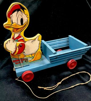 Fisher Price 500 Donald Duck Antique Pull Toy With Wagon Cir 1952 Walt Disney