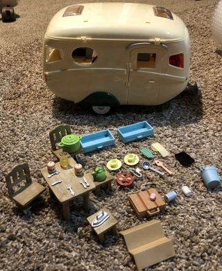 Calico Critters Camper W/ Hitch Stairs Fully Stocked Kitchen & Bath Table Chairs